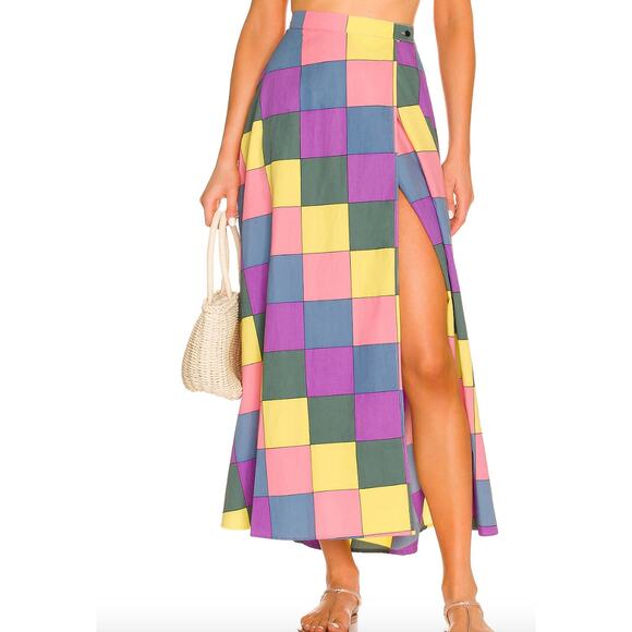 SWF Cuixmala Wrap Maxi Skirt M High Waist Pastel Check Geometric Cotton A-Line - Picture 1 of 10